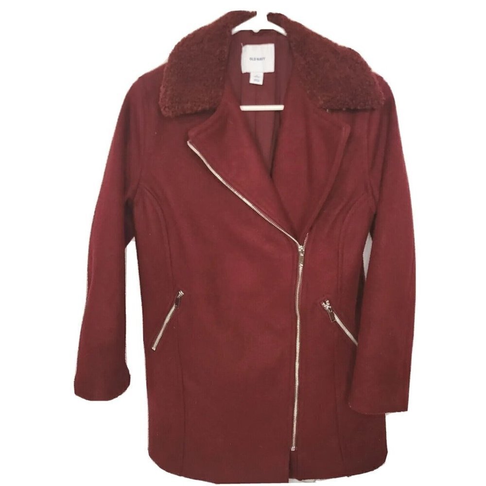 Old Navy Moto‎ Coat Faux Sherpa Collar Burgundy PS Jacket Long Comfort Fall cozy
